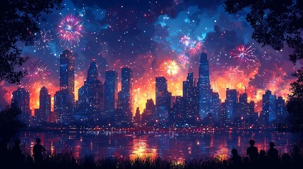 Obraz premium Night city with fireworks, beautiful night cityscape illuminated by fireworks.