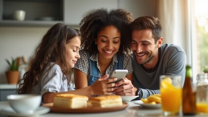 A family of three shares a joyful moment together in their kitchen, engaging with a smartphone. The cozy atmosphere is complemented by breakfast items on the table, creating a warm and loving environm