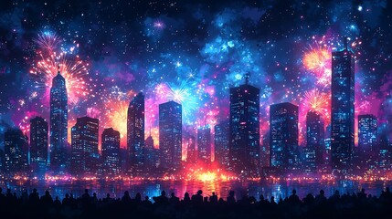 Obraz premium Night city with fireworks, beautiful night cityscape illuminated by fireworks.