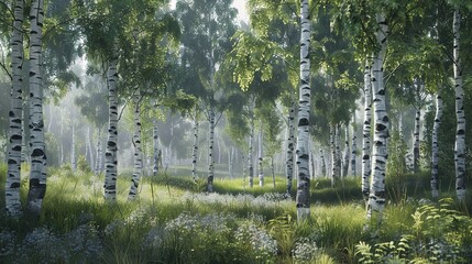 Obraz premium Birch Trees in the Forest, Illustration, 8K Realistic Lighting