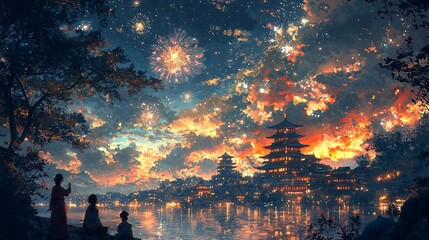Obraz premium Night city with fireworks, beautiful night cityscape illuminated by fireworks.