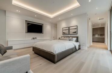 Modern Bedroom with Marble Flooring and Mirrored Closet