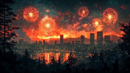Obraz premium Night city with fireworks, beautiful night cityscape illuminated by fireworks.