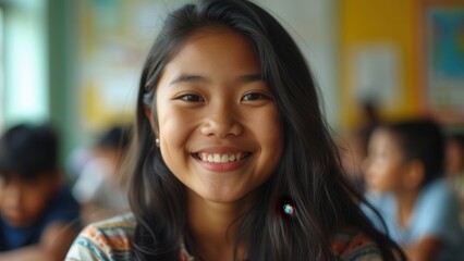 A young girl with long hair smiles brightly while sitting in a classroom. The atmosphere is lively with other students engaged in activities, creating a cheerful learning environment during the day.