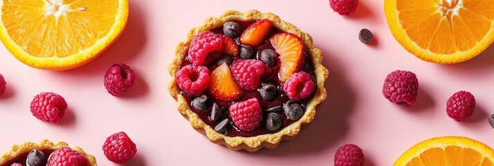 Fototapeta premium Delicious Fruit Tart with Chocolate and Cream. Top View of Fresh Berry and Raspberry Pie on Pink Background with Orange Slices