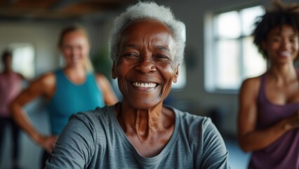 An older woman with gray hair beams with a joyful smile as she participates in a fitness class. In the background, younger adults are engaged in the session, creating a lively atmosphere in the bright