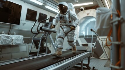 A suited astronaut jogs on a treadmill inside a sleek, futuristic environment, emulating space mission conditions.