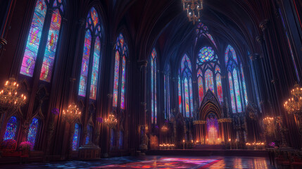 Obraz premium The towering interior of a Gothic cathedral, with vibrant stained glass casting colored light.