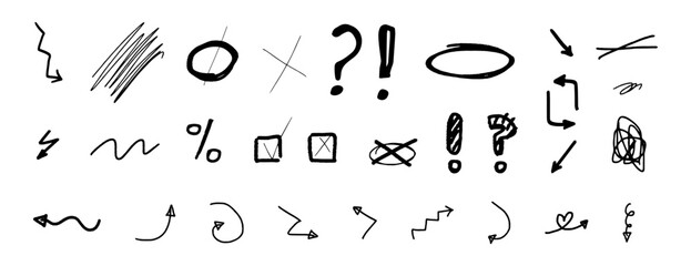 Vector set of grunge graphic elements. Street art texture hand drawn pencil underlines and strikethrough, scribble emphasis lines, punk hatches, ovals. Set of chalk strokes