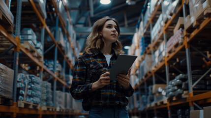 Fototapeta premium A young woman in a wholesale warehouse, using a tablet to check inventory levels and manage logistics.