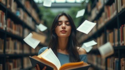 A young woman stands in a library, blissfully lost in her book as pages flutter around her. Surrounded by bookshelves, she enjoys a peaceful moment immersed in literature, illuminated by natural light