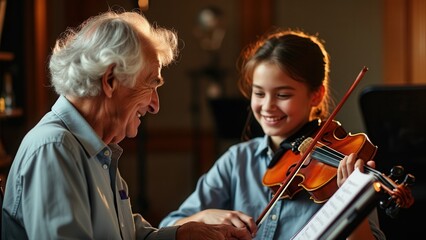 An elderly man shares a joyful moment with a young girl as he teaches her how to play the violin. They are seated together in a warmly lit room, surrounded by musical instruments and sheet music, enjo