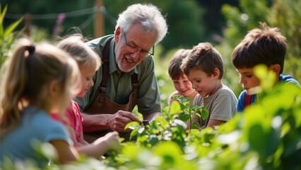 Fototapeta premium An elderly man shares his gardening knowledge with a group of enthusiastic children in a lush community garden. They gather around him as he points out plants, fostering a love for nature and learning