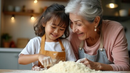 A grandmother and her young granddaughter share a happy moment while baking in a warm, inviting kitchen. The child playfully touches the flour as they prepare to create delicious treats together.