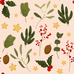 seamless pattern with Christmas elements of fir branches, mistletoe, red and white berries, pine cones on a beige background with a winter vibe, in a flat style for wrapping paper, background
