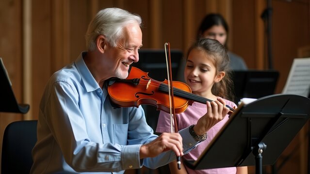 A joyful older man interacts with a young girl while she learns to play the violin. They are in a music studio, surrounded by musical instruments, sheet music, and other students engaging in practice.