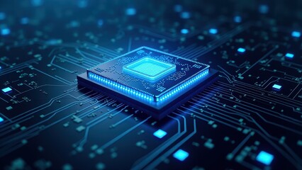 Processor with futuristic neon lights on electronic circuit board	