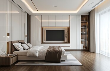 Modern Bedroom with Marble Flooring and Mirrored Closet