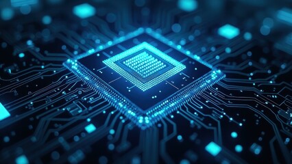Processor with futuristic neon lights on electronic circuit board	
