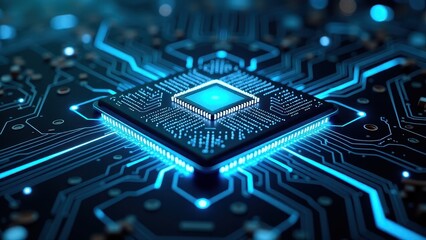 Processor with futuristic neon lights on electronic circuit board	
