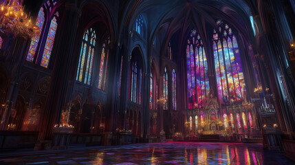 Fototapeta premium The towering interior of a Gothic cathedral, with vibrant stained glass casting colored light.