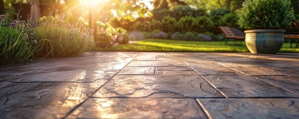 Sunlight reflecting on a beautifully stamped concrete patio, creating a serene backyard atmosphere. Free copy space for text.