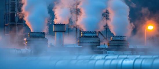 Dramatic night view of a massive industrial factory or power plant complex emitting thick plumes of smoke and steam into the cold moody atmosphere