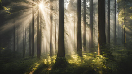 Fototapeta premium Sunbeams in the Forest: Sunbeams pierce through the dense canopy of a misty forest, illuminating the ancient trees and casting long shadows on the mossy ground.