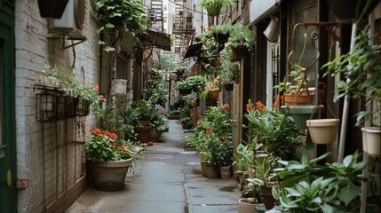Obraz premium Intimate alleyway adorned with potted plants, creating a lush urban retreat bursting with greenery and blooms, inspiring tranquility amidst city life.