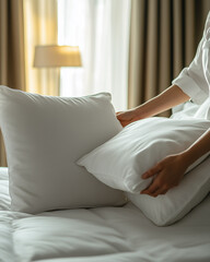 a woman straightens the pillows lying on a bed, peaceful morning, with soft sunlight