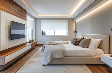 Modern Bedroom with Marble Flooring and Mirrored Closet