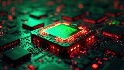 Processor with futuristic neon green and red lights on electronic circuit board	