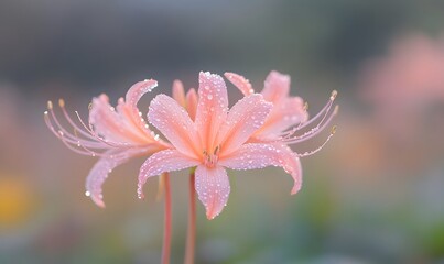 Fototapeta premium Nerine bowdenii with dew, Generative AI 