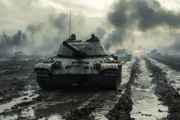 Fototapeta premium Heavy tanks advancing on muddy battlefield during military attack