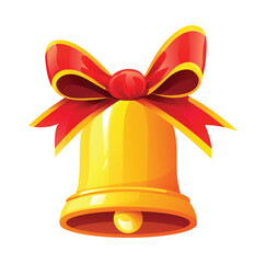 Golden Christmas bell with red bow, perfect for holiday decoration. Vector cartoon illustration