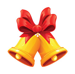 Pair of golden Christmas bells with red bow, perfect for holiday decor. Vector cartoon illustration