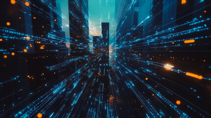 Obraz premium Smart digital city with connection cyber security network reciprocity over the cityscape . future smart wireless digital city and social media networking systems that connects people within the city