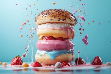 Dripping colorful hamburger dessert with flying sprinkles on turquoise background