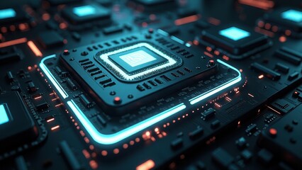 Futuristic processor with glowing red and blue neon lights on a circuit board	