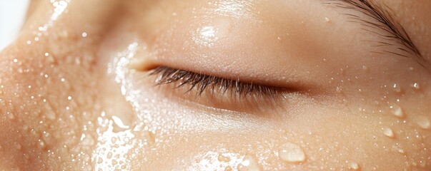 Obraz premium Close-up of a wet eyelid with water droplets, showcasing skincare and beauty.