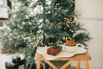 Chocolate Christmas cookies and gift box on a tray in a festive living room.