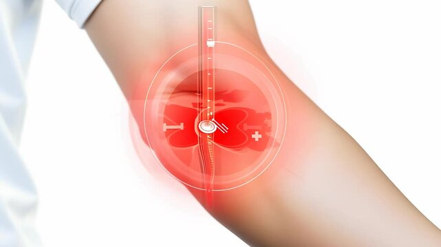 Highlighted elbow joint showing signs of inflammation and pain