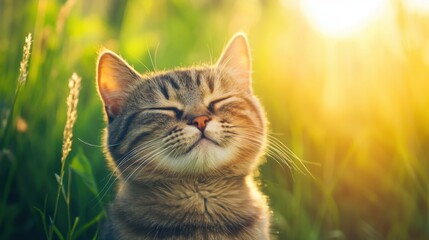 Obraz premium Fluffy cat with eyes closed enjoying the sun rays in green grass with warm daylight