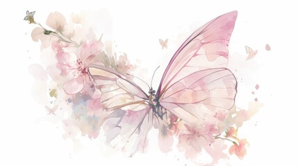 Spring watercolor illustration of a butterfly with pastel pink wings resting on a delicate flower isolated on white background for banners greeting cards