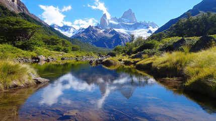 Obraz premium Snow-capped mountains perfectly reflected in the still water of a glacial lake.