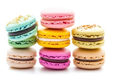 Colorful French Macarons Assortment with Fresh Fruits and Vegetables on Market Stall