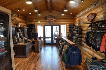 Hunting clothing store displaying camouflage jackets and accessories