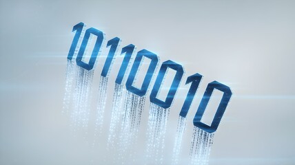 Single line of binary code with glowing trail in white void