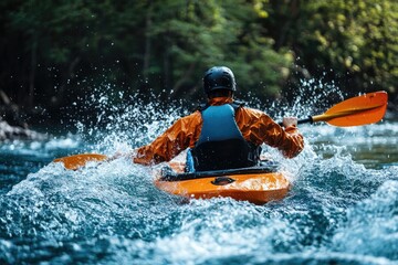 Fototapeta premium Kayaker paddling through river rapids enjoying extreme water sports