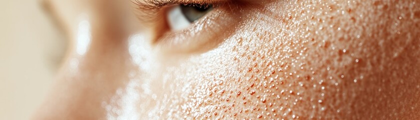 Fototapeta premium Close-up of skin texture with visible pores and moisture.